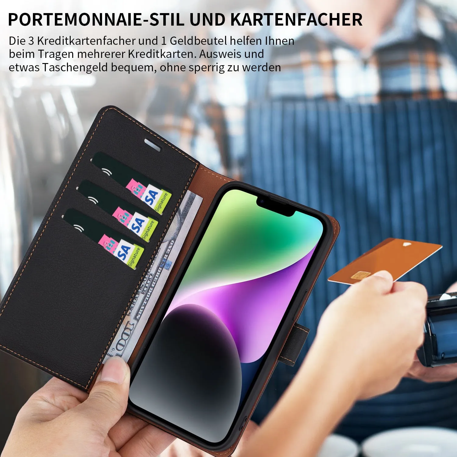 001 For iPhone 15 Plus Wallet PU Leather Stand Cover Magnetic Closure Phone Case RFID Blocking Function Shell