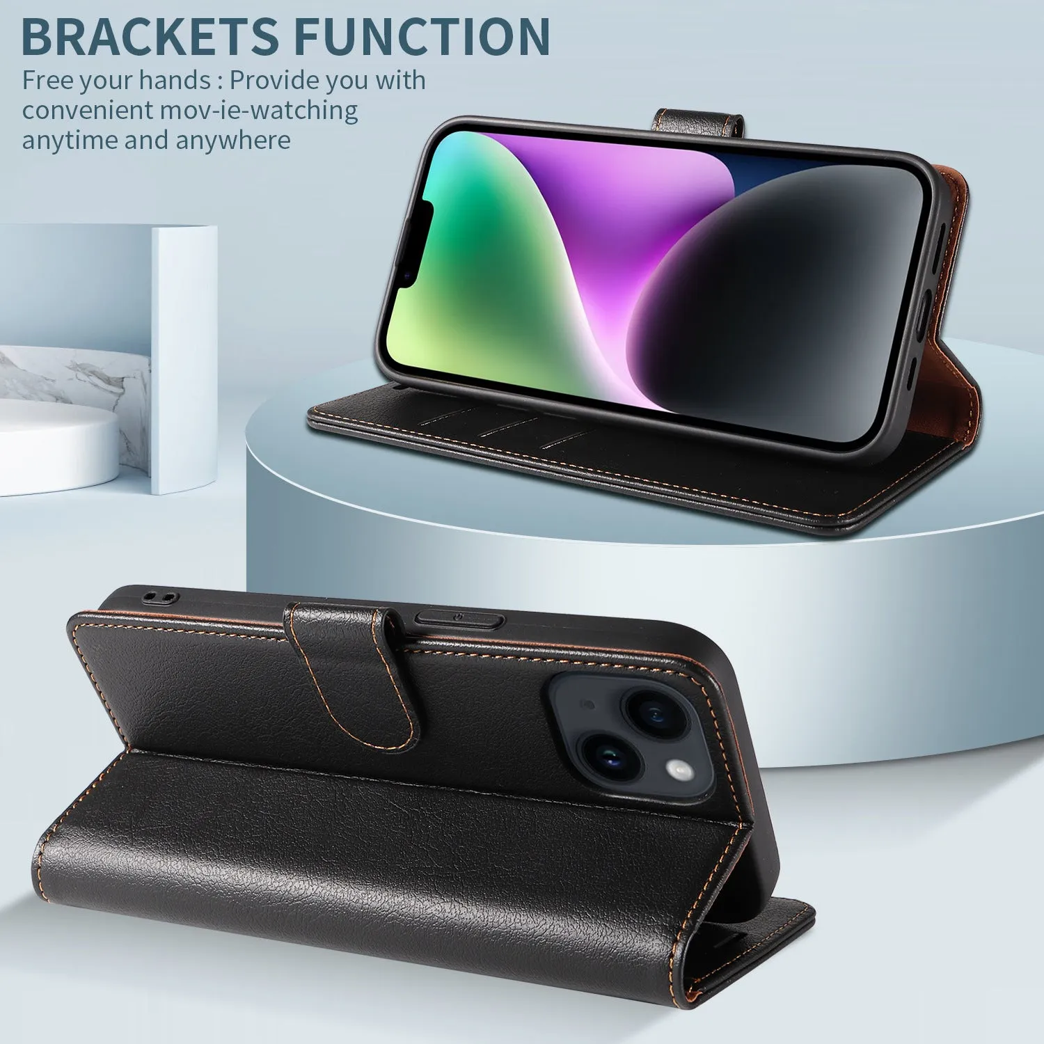 001 For iPhone 15 Plus Wallet PU Leather Stand Cover Magnetic Closure Phone Case RFID Blocking Function Shell