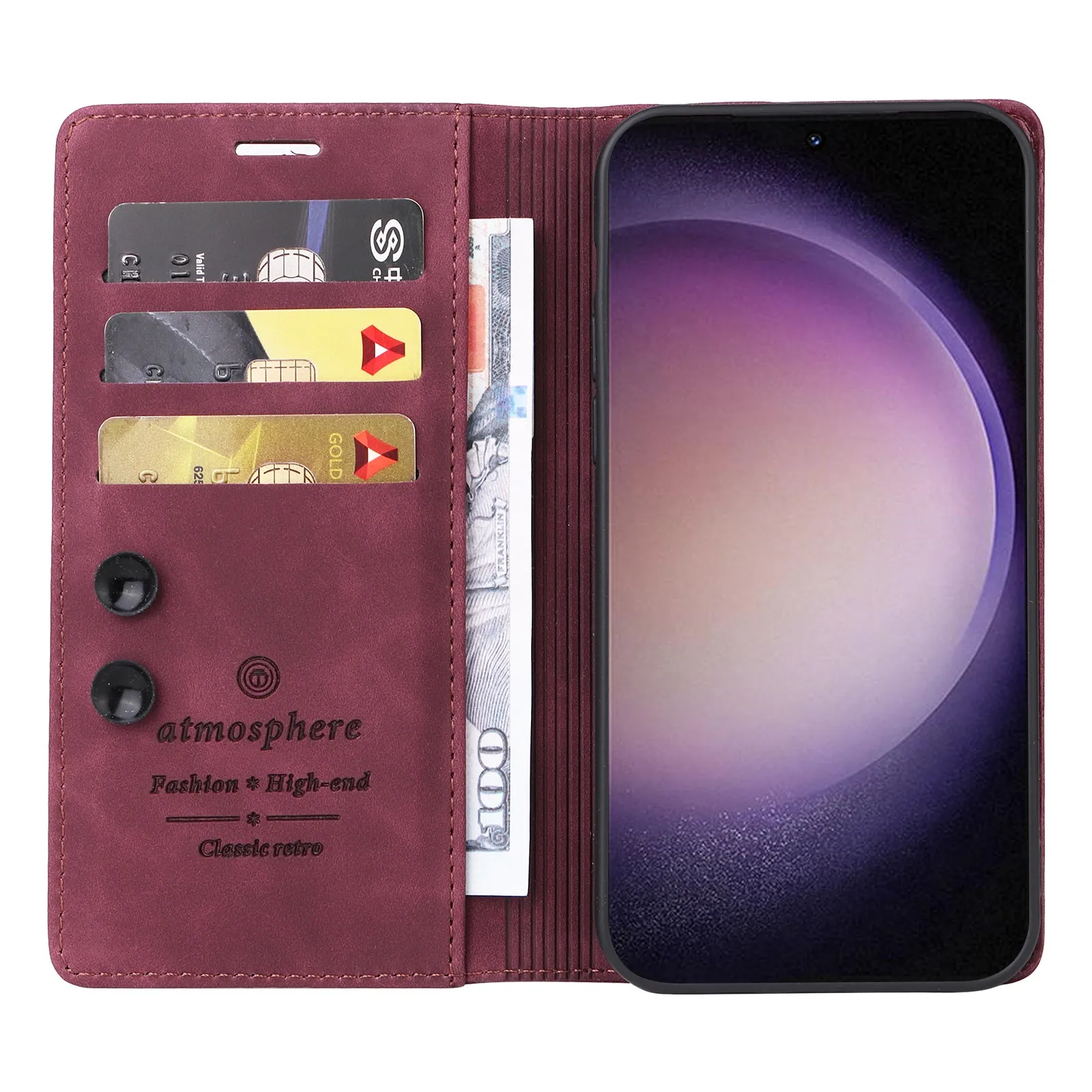 006 Series For Samsung Galaxy S23  Case PU Leather Sucker Closure Phone Stand Cover