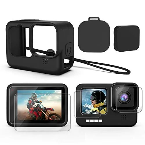 Accessories Kit for GoPro Hero 10/9 Black, Silicone Sleeve Protective Case with Rubber Cap   6Pcs Tempered Glass Screen Protector with Lens Cover Cap for GoPro Hero 10/9
