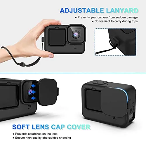 Accessories Kit for GoPro Hero 10/9 Black, Silicone Sleeve Protective Case with Rubber Cap   6Pcs Tempered Glass Screen Protector with Lens Cover Cap for GoPro Hero 10/9