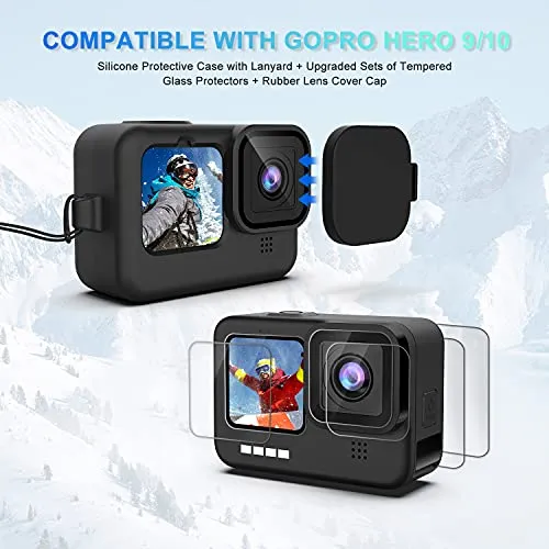 Accessories Kit for GoPro Hero 10/9 Black, Silicone Sleeve Protective Case with Rubber Cap   6Pcs Tempered Glass Screen Protector with Lens Cover Cap for GoPro Hero 10/9