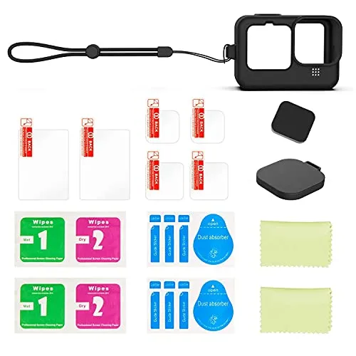 Accessories Kit for GoPro Hero 10/9 Black, Silicone Sleeve Protective Case with Rubber Cap   6Pcs Tempered Glass Screen Protector with Lens Cover Cap for GoPro Hero 10/9