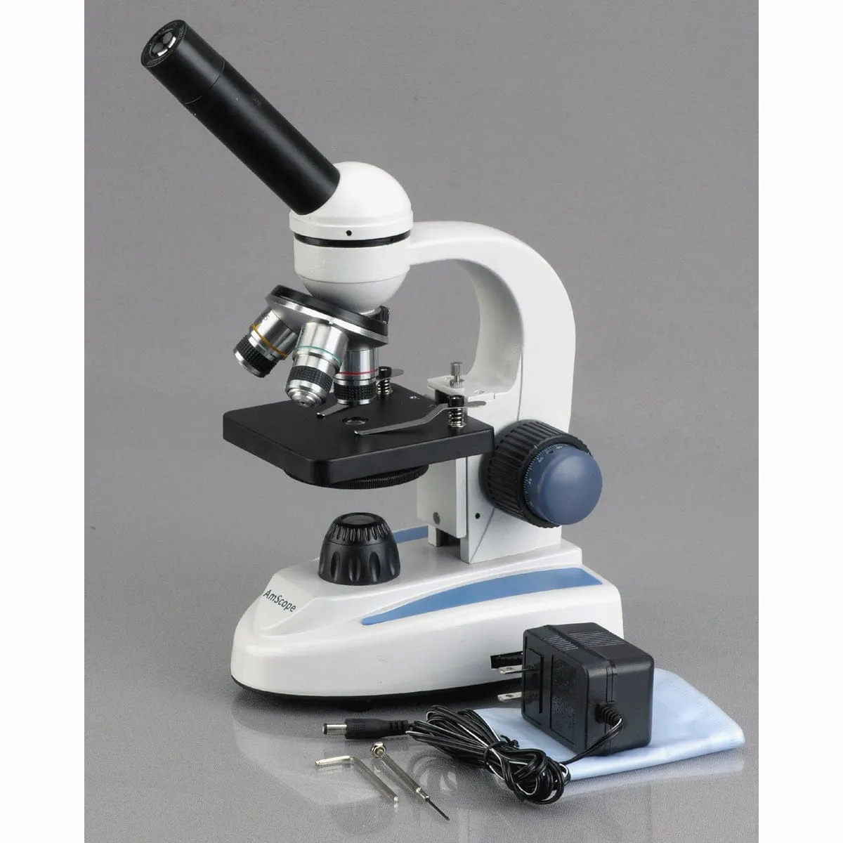 AmScope M158 Series Student Cordless Monocular Compound Microscope 40X-1000X Magnification with Top & Bottom Lights, Slide Preparation, Cleaning Kit and Book