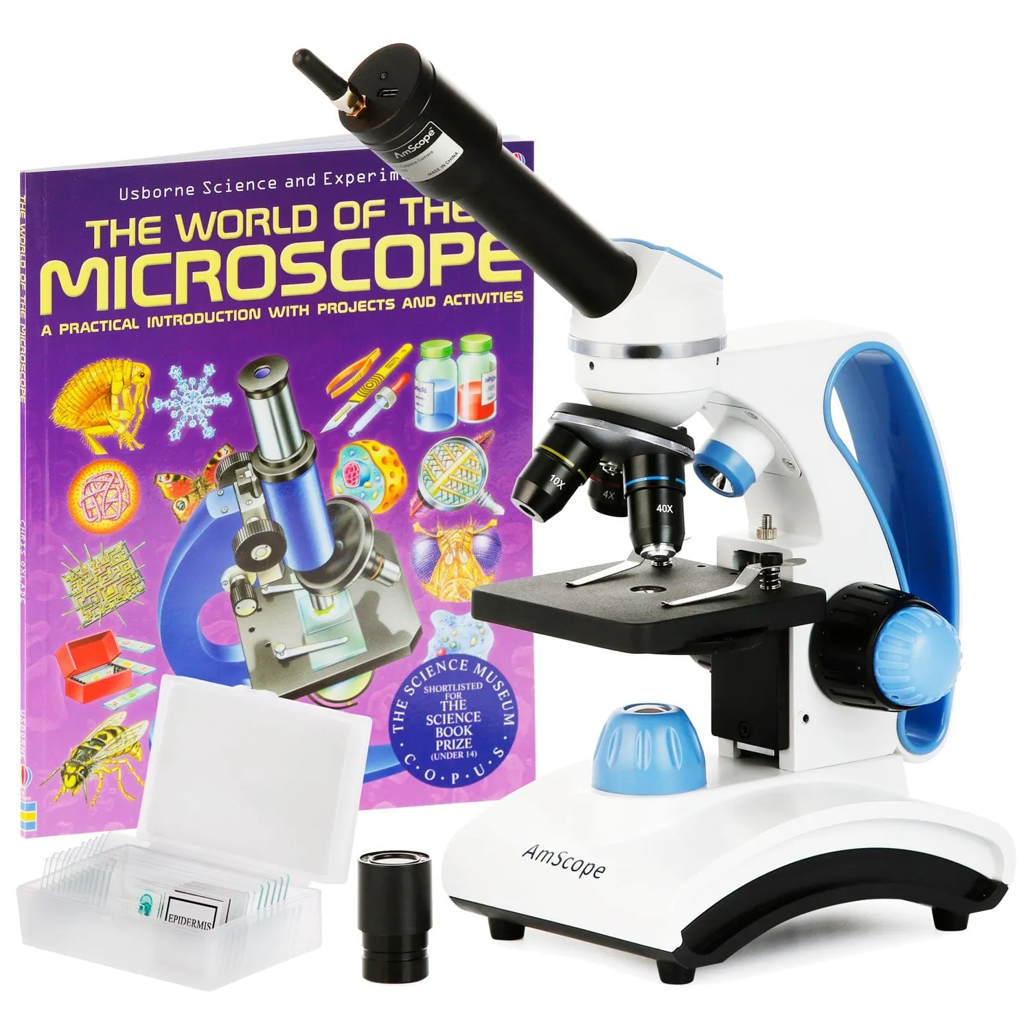AmScope Monocular Compound Microscope 40X-1000X MagnificationStudent, Battery Powered w/ Top & Bottom LED   Wi-Fi 2.0MP Digital Eyepiece Camera, 10pc Slide Kit, & Microscope Book