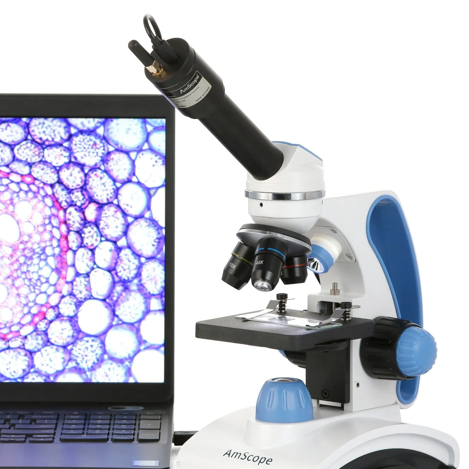 AmScope Monocular Compound Microscope 40X-1000X MagnificationStudent, Battery Powered w/ Top & Bottom LED   Wi-Fi 2.0MP Digital Eyepiece Camera, 10pc Slide Kit, & Microscope Book
