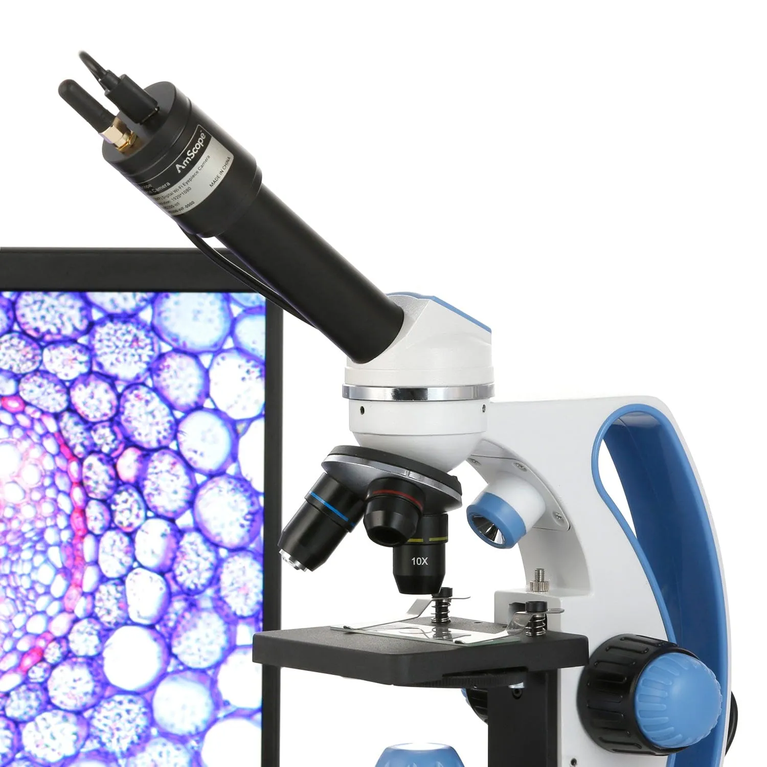 AmScope Monocular Compound Microscope 40X-1000X MagnificationStudent, Battery Powered w/ Top & Bottom LED   Wi-Fi 2.0MP Digital Eyepiece Camera, 10pc Slide Kit, & Microscope Book