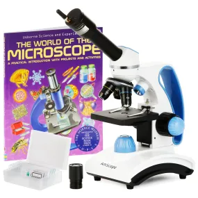 AmScope Monocular Compound Microscope 40X-1000X MagnificationStudent, Battery Powered w/ Top & Bottom LED   Wi-Fi 2.0MP Digital Eyepiece Camera, 10pc Slide Kit, & Microscope Book
