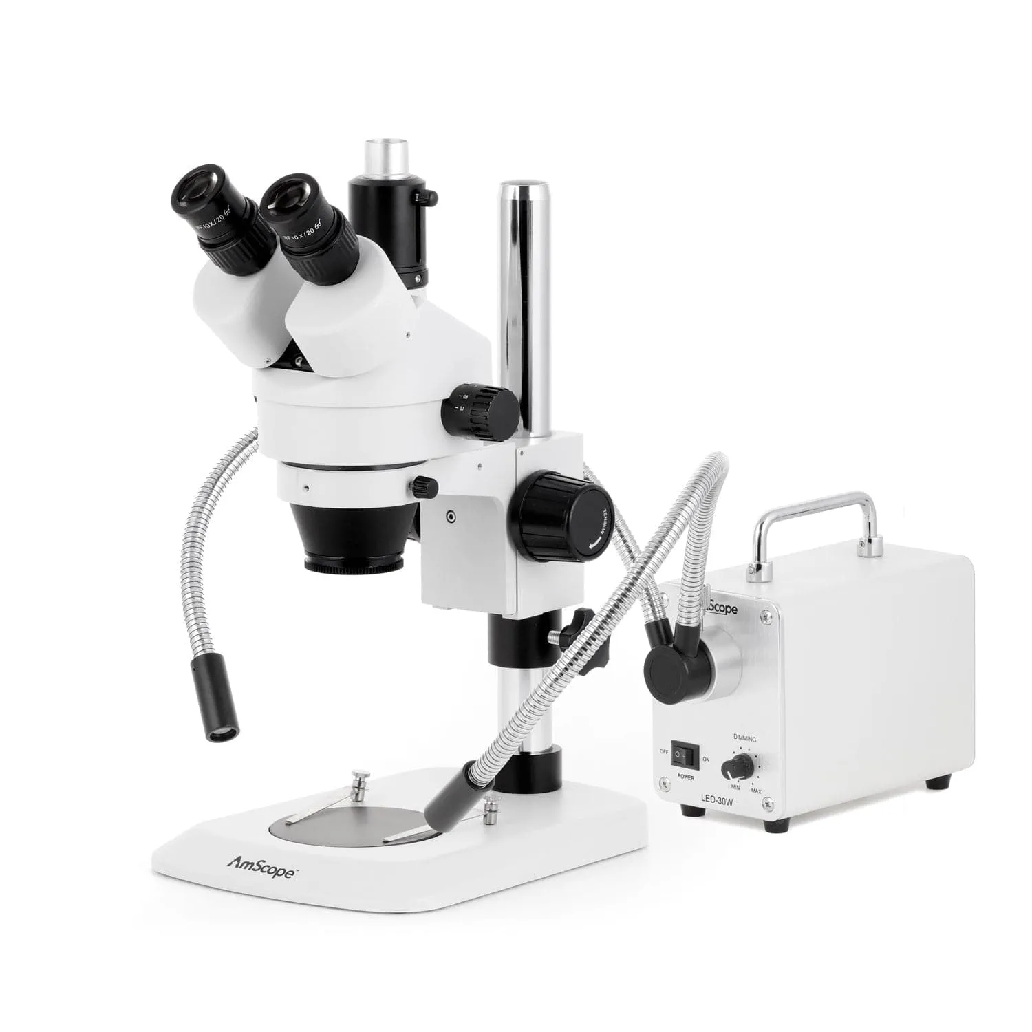 AmScope SM-1 Industrial Inspection Zoom Trinocular Stereo Microscope with 30W LED Dual Gooseneck Fiber Optic Lights and Auto Focus Camera on Pillar Stand with Small Base