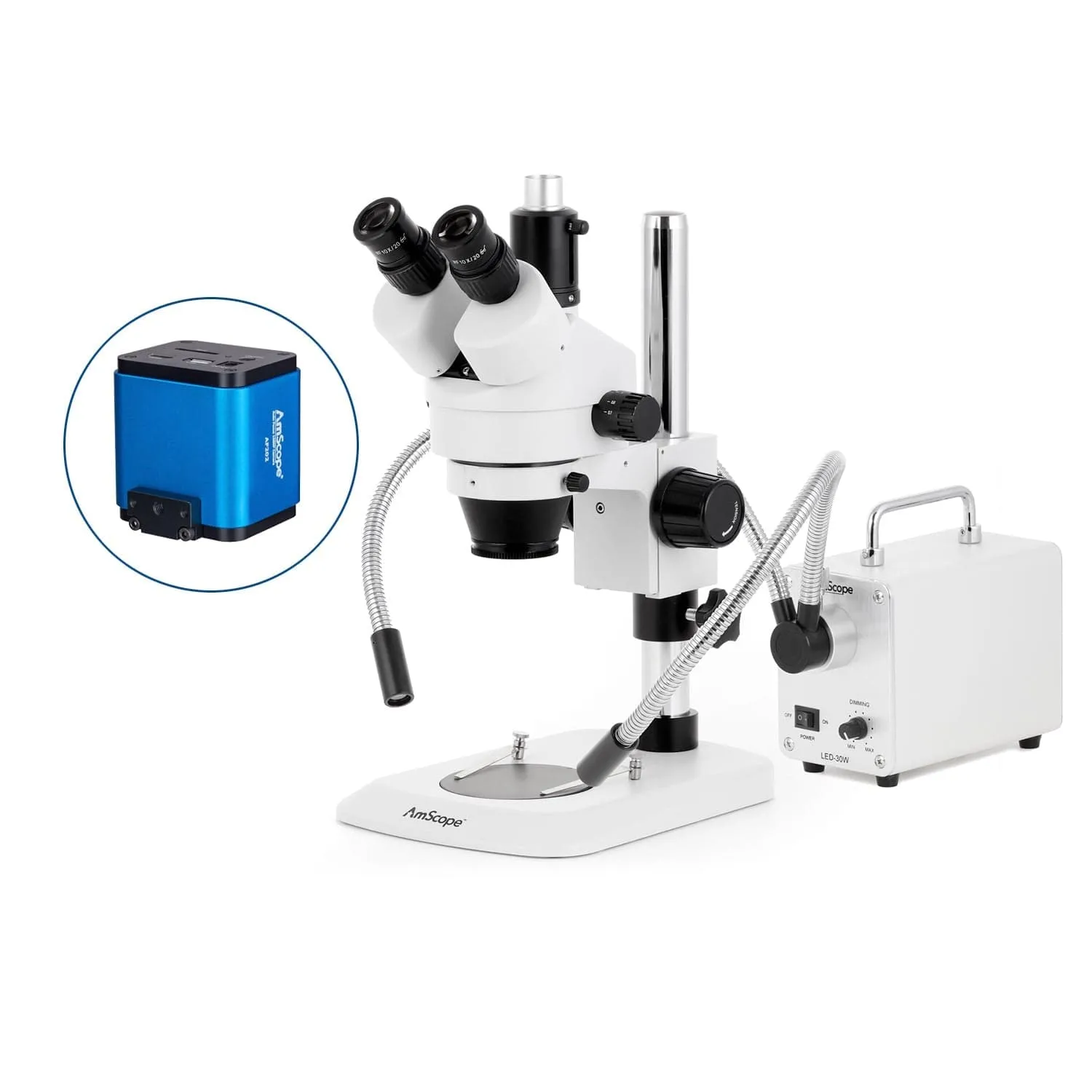 AmScope SM-1 Industrial Inspection Zoom Trinocular Stereo Microscope with 30W LED Dual Gooseneck Fiber Optic Lights and Auto Focus Camera on Pillar Stand with Small Base