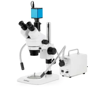AmScope SM-1 Industrial Inspection Zoom Trinocular Stereo Microscope with 30W LED Dual Gooseneck Fiber Optic Lights and Auto Focus Camera on Pillar Stand with Small Base