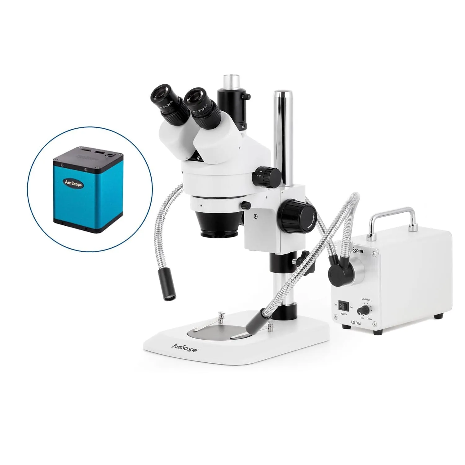 AmScope SM-1 Industrial Inspection Zoom Trinocular Stereo Microscope with 30W LED Dual Gooseneck Fiber Optic Lights and Auto Focus Camera on Pillar Stand with Small Base