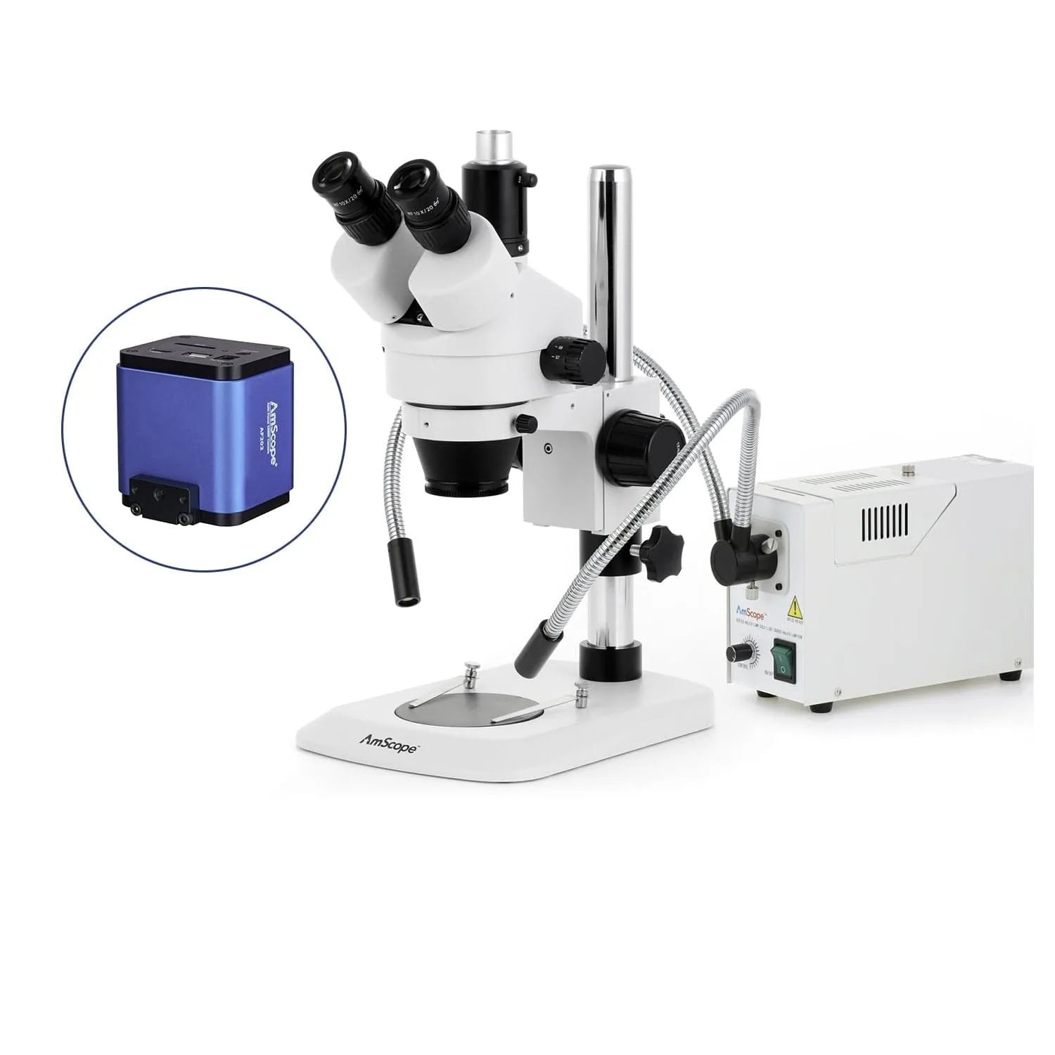 AmScope SM-1 Series Industrial Inspection Zoom Trinocular Stereo Microscope with 150W Halogen Dual Fiber Gooseneck Lights and Auto Focus Camera on Pillar Stand with Small Base