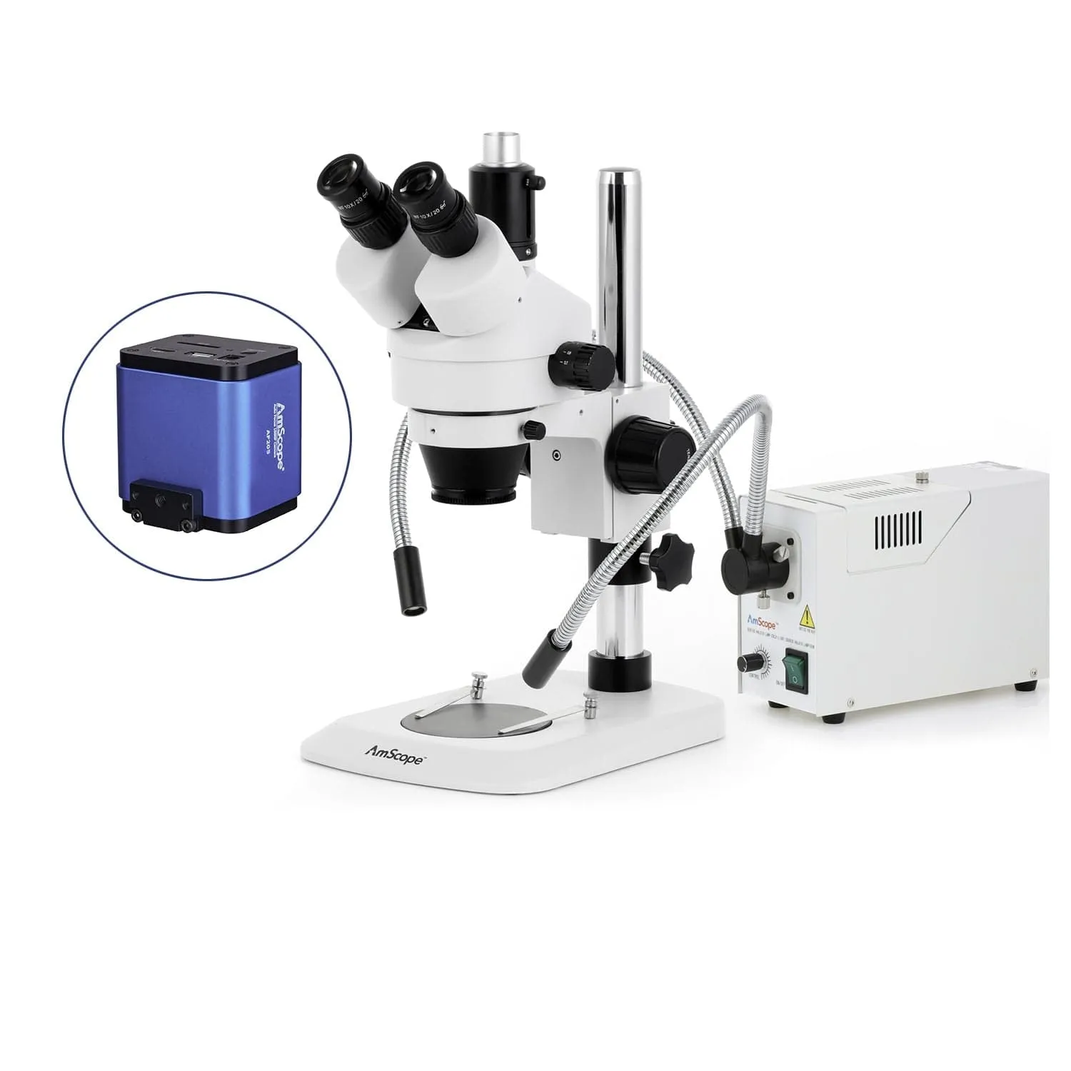 AmScope SM-1 Series Industrial Inspection Zoom Trinocular Stereo Microscope with 150W Halogen Dual Fiber Gooseneck Lights and Auto Focus Camera on Pillar Stand with Small Base