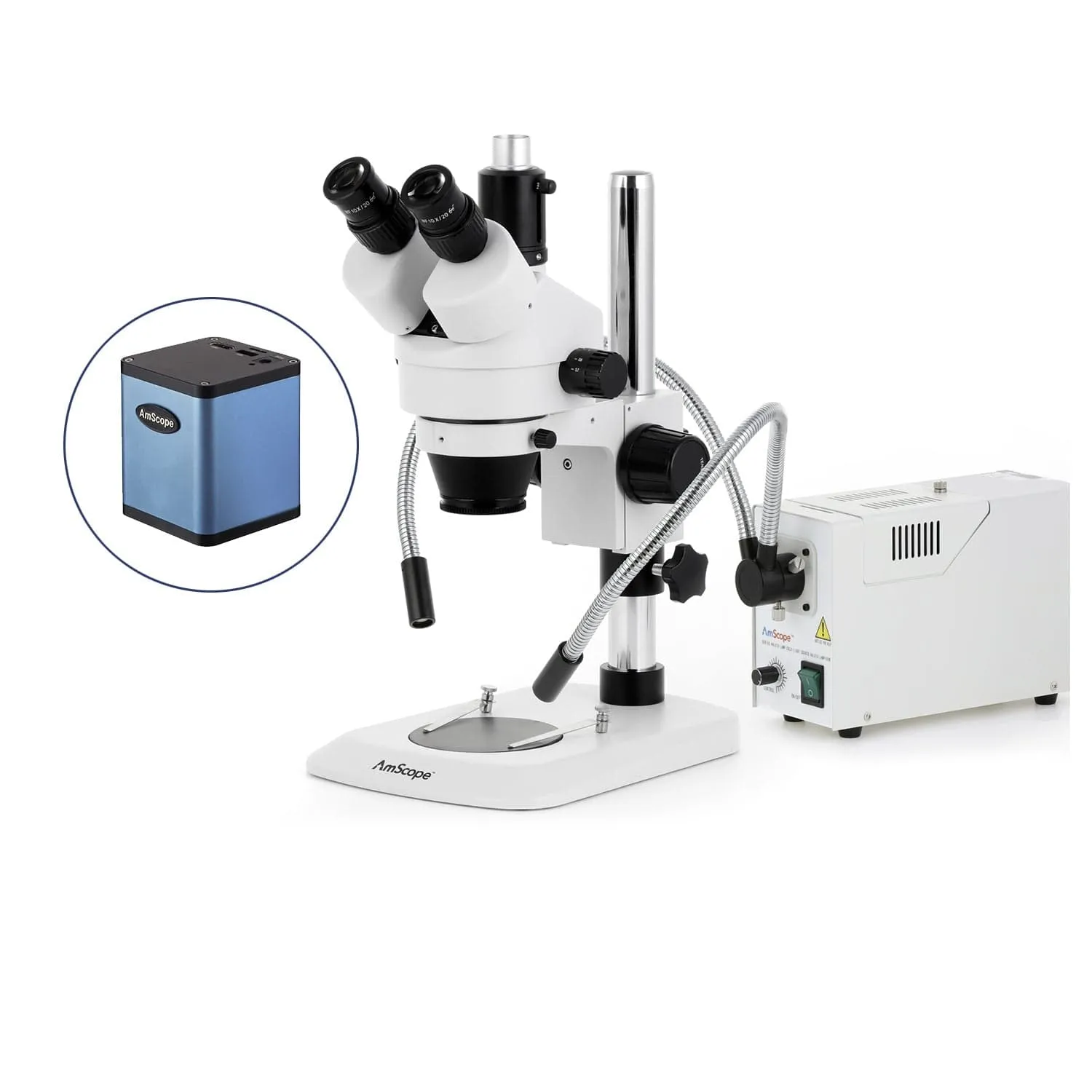 AmScope SM-1 Series Industrial Inspection Zoom Trinocular Stereo Microscope with 150W Halogen Dual Fiber Gooseneck Lights and Auto Focus Camera on Pillar Stand with Small Base