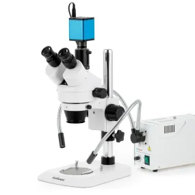 AmScope SM-1 Series Industrial Inspection Zoom Trinocular Stereo Microscope with 150W Halogen Dual Fiber Gooseneck Lights and Auto Focus Camera on Pillar Stand with Small Base
