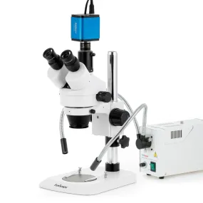 AmScope SM-1 Series Industrial Inspection Zoom Trinocular Stereo Microscope with 150W Halogen Dual Fiber Gooseneck Lights and HDMI Camera on Pillar Stand with Small Base