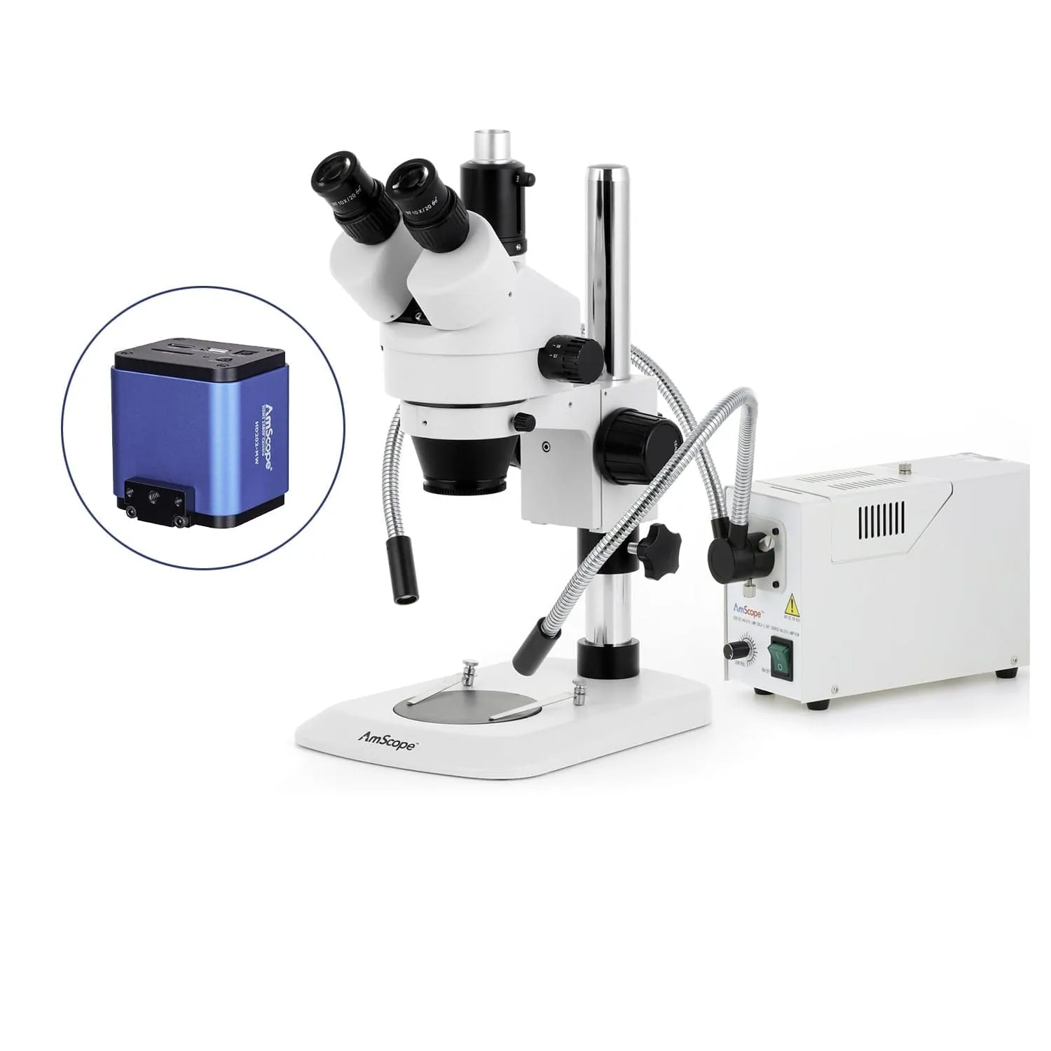 AmScope SM-1 Series Industrial Inspection Zoom Trinocular Stereo Microscope with 150W Halogen Dual Fiber Gooseneck Lights and HDMI Camera on Pillar Stand with Small Base