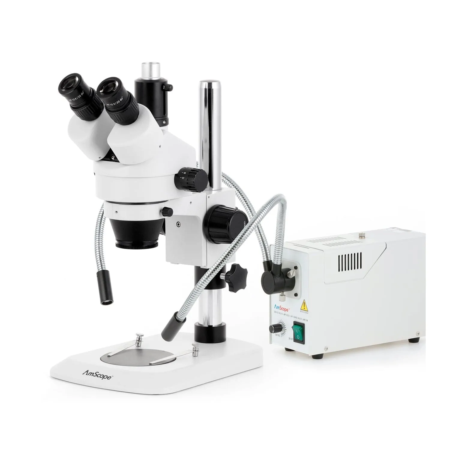 AmScope SM-1 Series Industrial Inspection Zoom Trinocular Stereo Microscope with 150W Halogen Dual Fiber Gooseneck Lights and HDMI Camera on Pillar Stand with Small Base