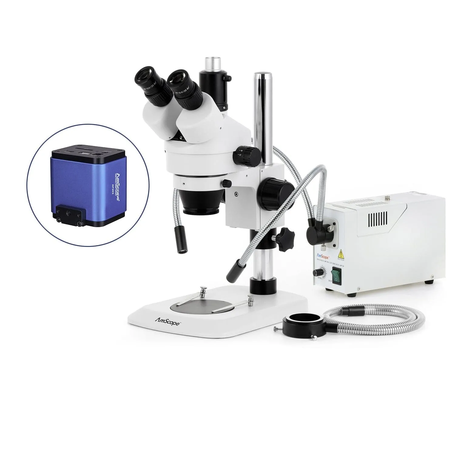 AmScope SM-1 Series Industrial Inspection Zoom Trinocular Stereo Microscope with 150W Halogen Dual Gooseneck & Ring Lights and Auto Focus Camera on Pillar Stand with Small Base