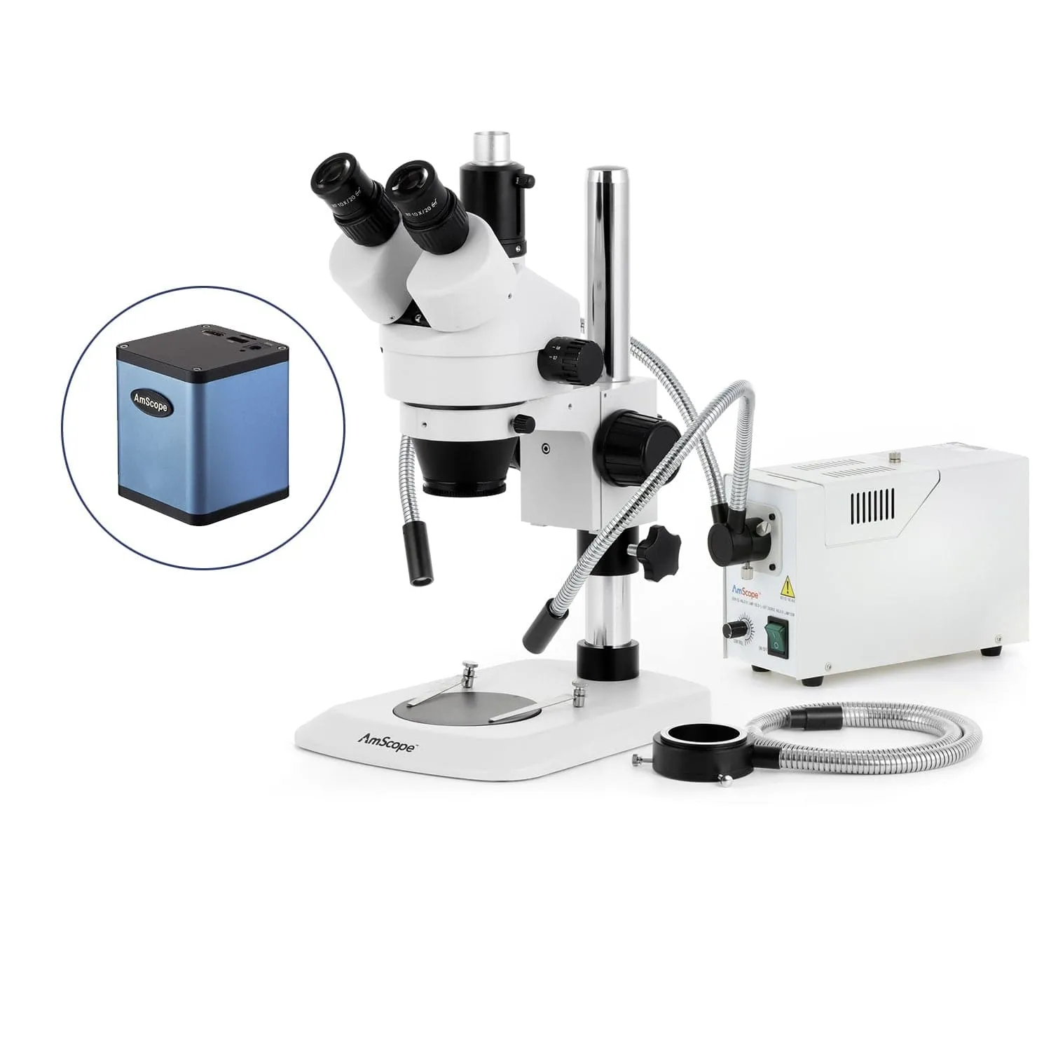 AmScope SM-1 Series Industrial Inspection Zoom Trinocular Stereo Microscope with 150W Halogen Dual Gooseneck & Ring Lights and Auto Focus Camera on Pillar Stand with Small Base