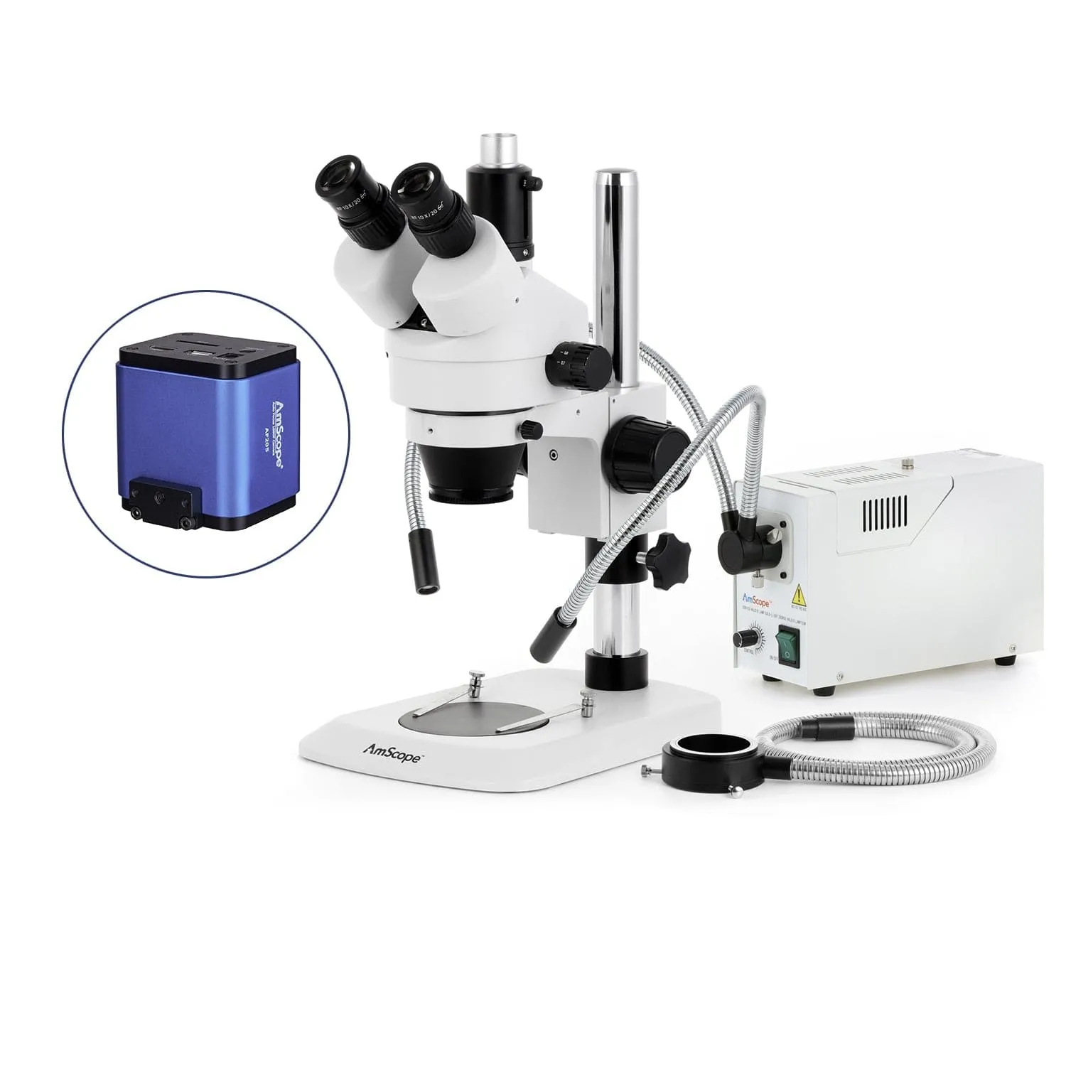 AmScope SM-1 Series Industrial Inspection Zoom Trinocular Stereo Microscope with 150W Halogen Dual Gooseneck & Ring Lights and Auto Focus Camera on Pillar Stand with Small Base