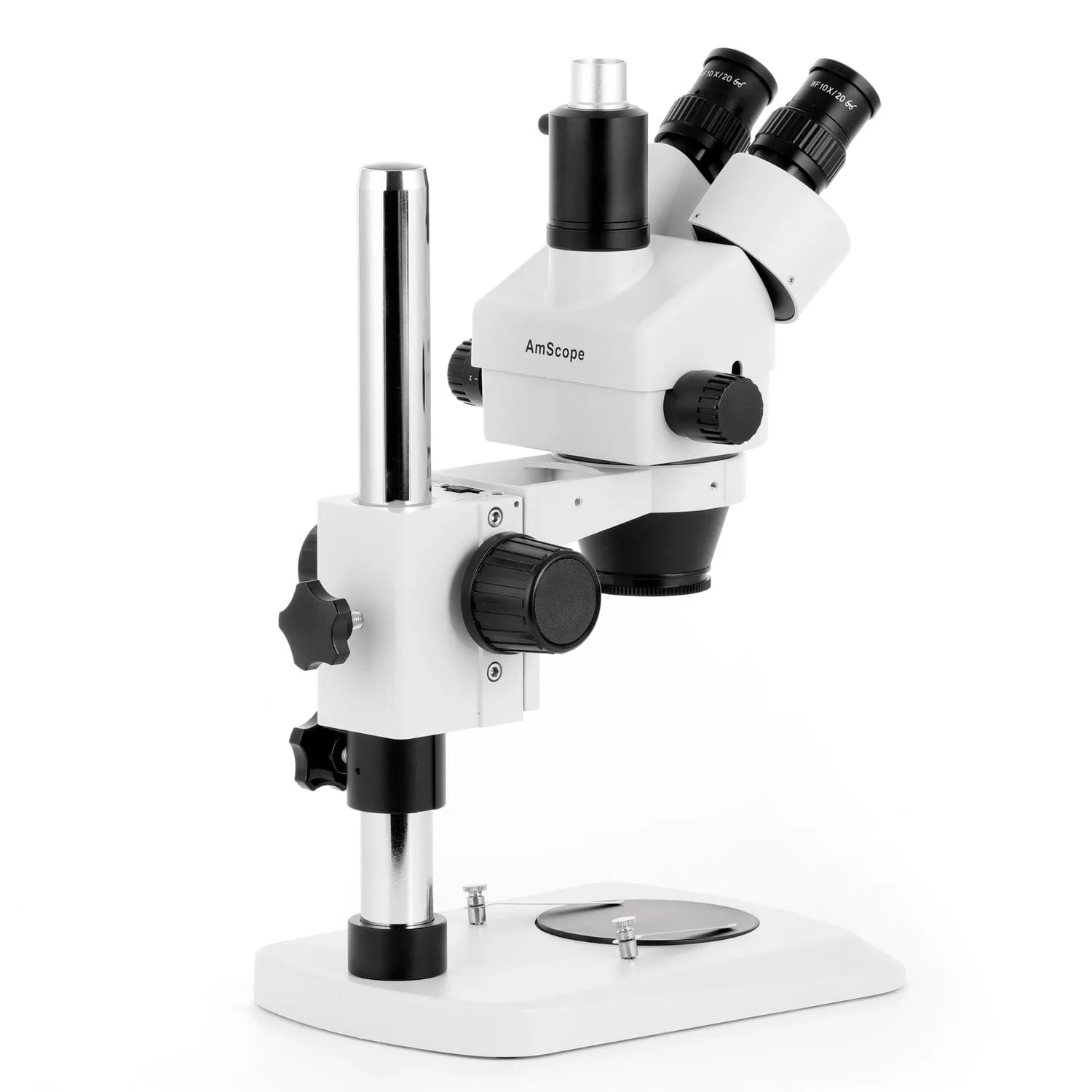 AmScope SM-1 Series Industrial Inspection Zoom Trinocular Stereo Microscope with 150W Halogen Dual Gooseneck & Ring Lights and Auto Focus Camera on Pillar Stand with Small Base