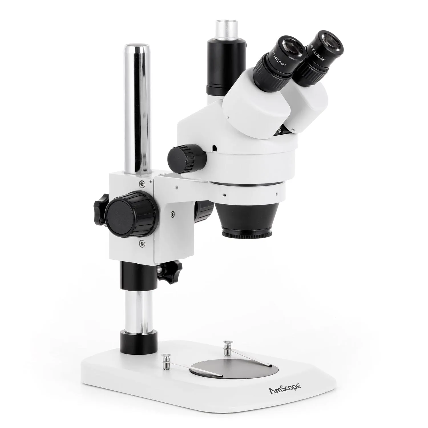 AmScope SM-1 Series Industrial Inspection Zoom Trinocular Stereo Microscope with 150W Halogen Dual Gooseneck & Ring Lights and Auto Focus Camera on Pillar Stand with Small Base