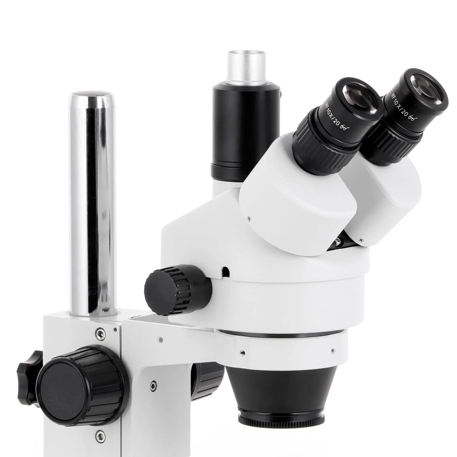 AmScope SM-1 Series Industrial Inspection Zoom Trinocular Stereo Microscope with 150W Halogen Dual Gooseneck & Ring Lights and Auto Focus Camera on Pillar Stand with Small Base