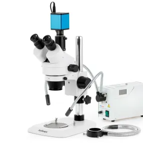 AmScope SM-1 Series Industrial Inspection Zoom Trinocular Stereo Microscope with 150W Halogen Dual Gooseneck & Ring Lights and Auto Focus Camera on Pillar Stand with Small Base