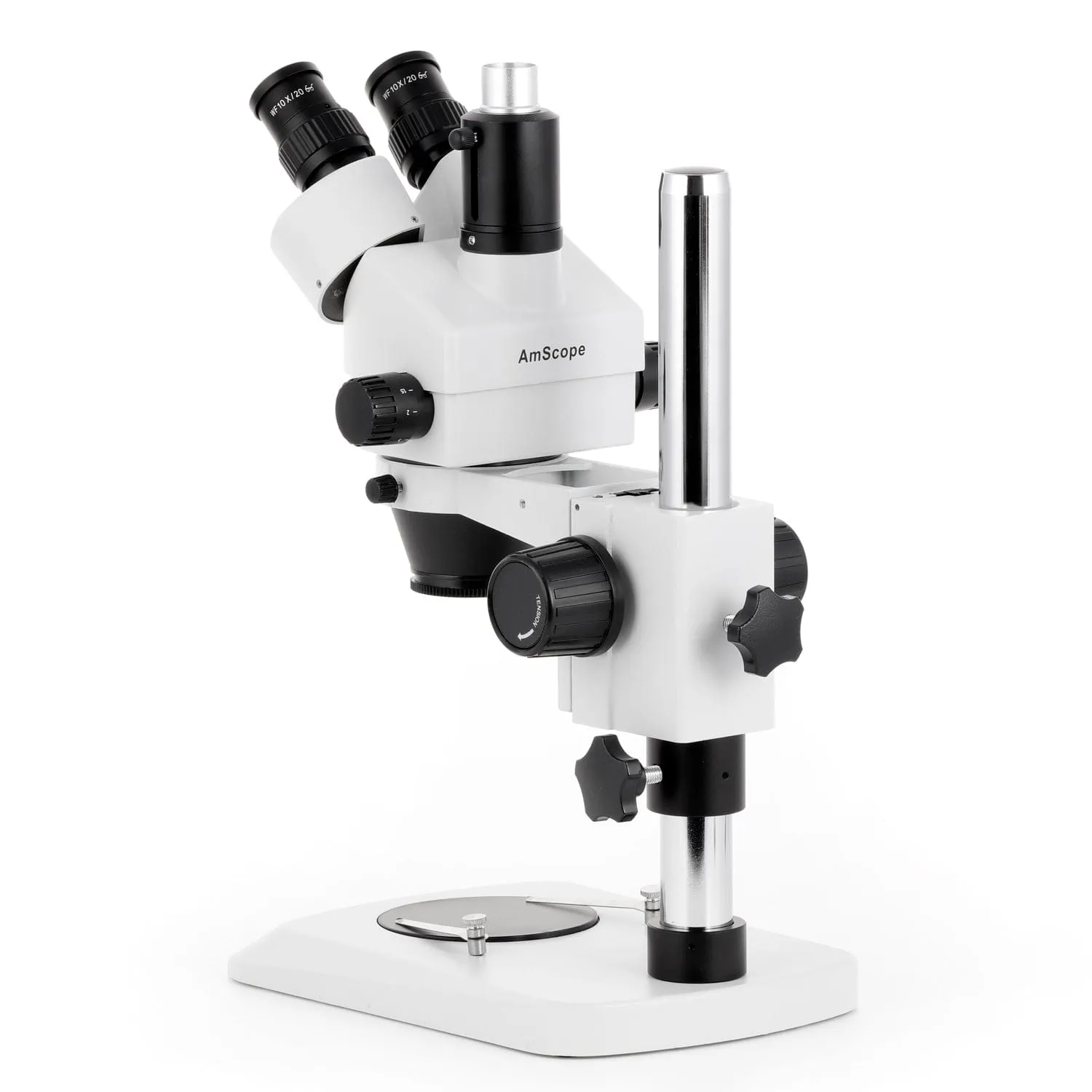 AmScope SM-1 Series Industrial Inspection Zoom Trinocular Stereo Microscope with 150W Halogen Dual Gooseneck & Ring Lights and Auto Focus Camera on Pillar Stand with Small Base