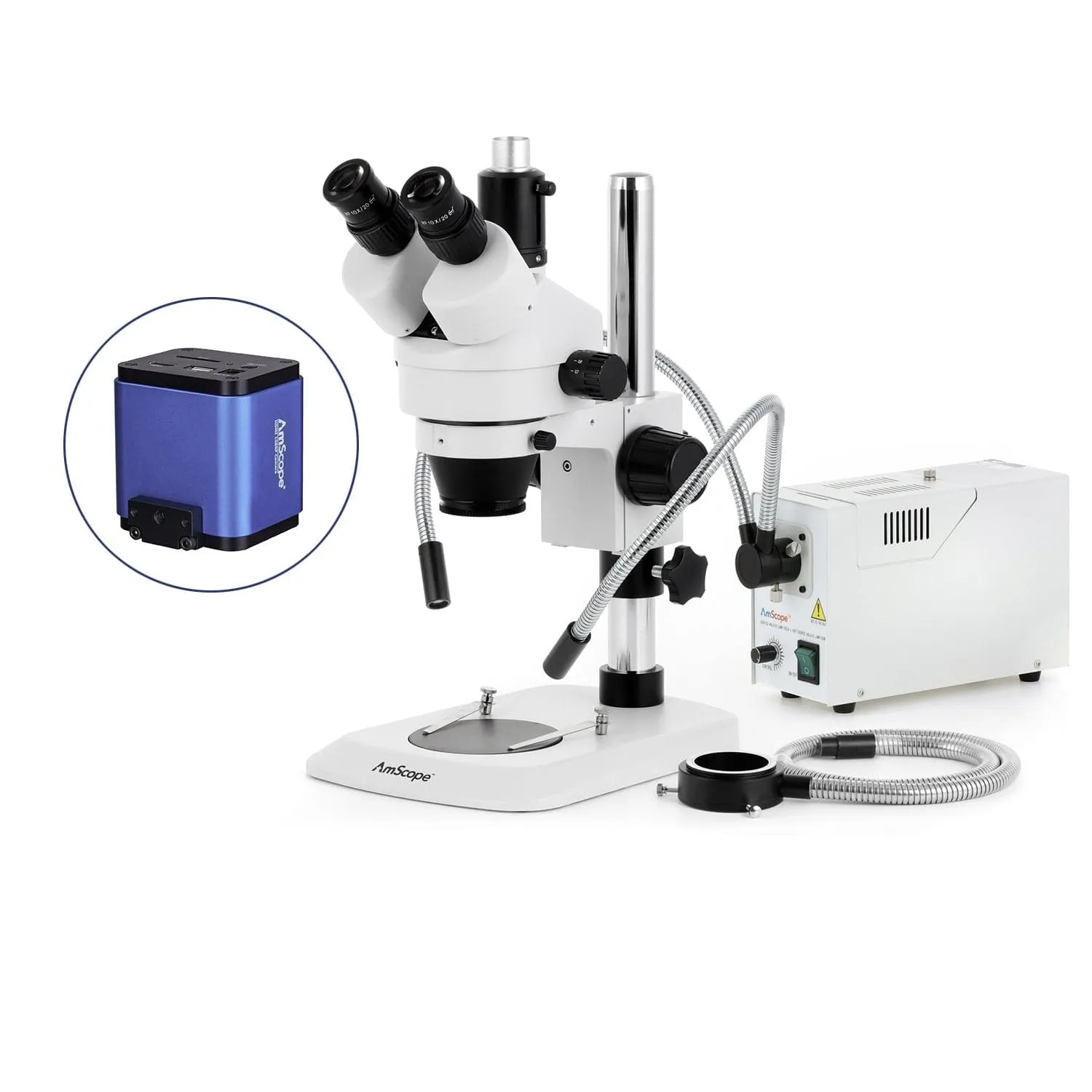 AmScope SM-1 Series Industrial Inspection Zoom Trinocular Stereo Microscope with 150W Halogen Dual Gooseneck & Ring Lights and HDMI Camera on Pillar Stand with Small Base