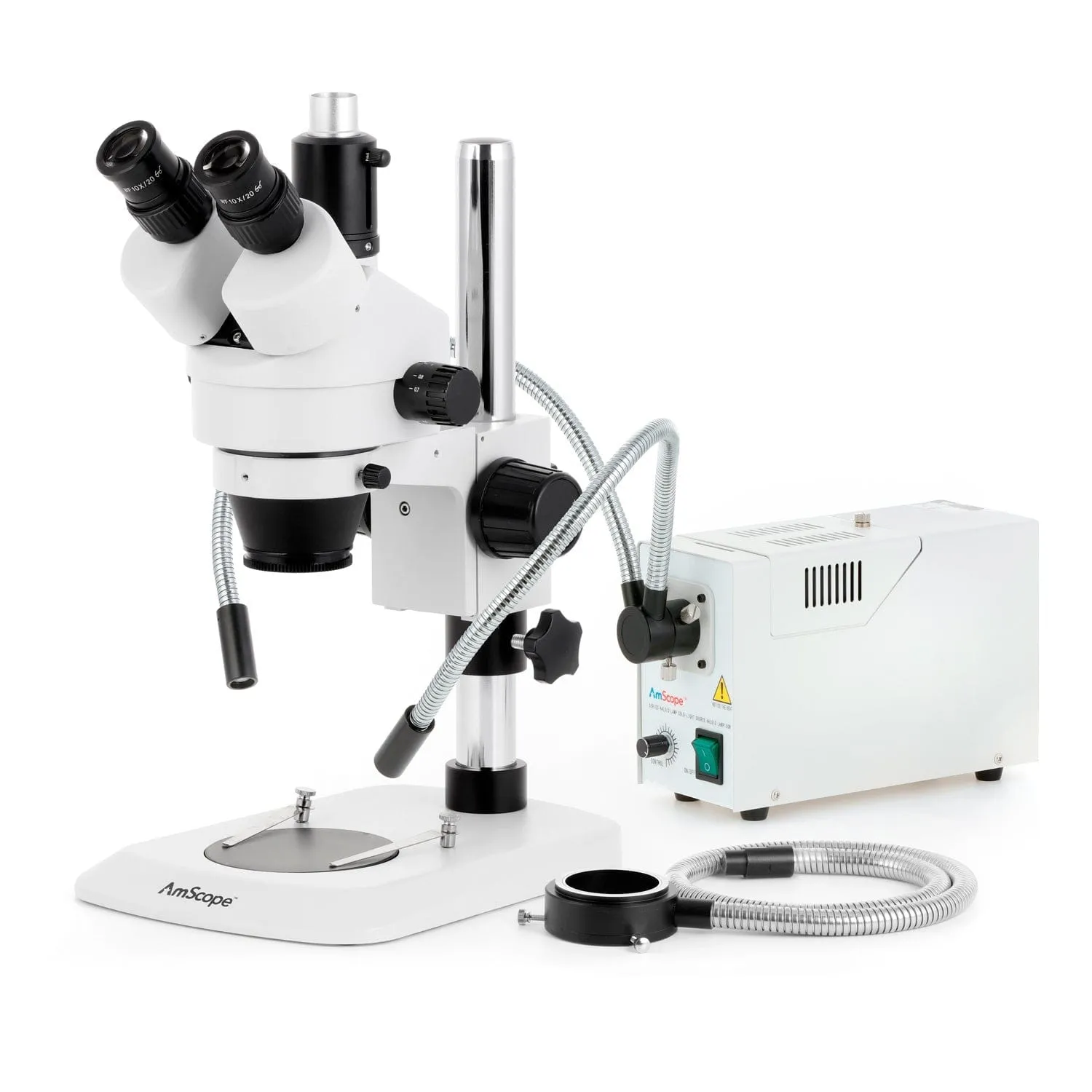 AmScope SM-1 Series Industrial Inspection Zoom Trinocular Stereo Microscope with 150W Halogen Dual Gooseneck & Ring Lights and HDMI Camera on Pillar Stand with Small Base