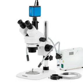 AmScope SM-1 Series Industrial Inspection Zoom Trinocular Stereo Microscope with 150W Halogen Dual Gooseneck & Ring Lights and HDMI Camera on Pillar Stand with Small Base
