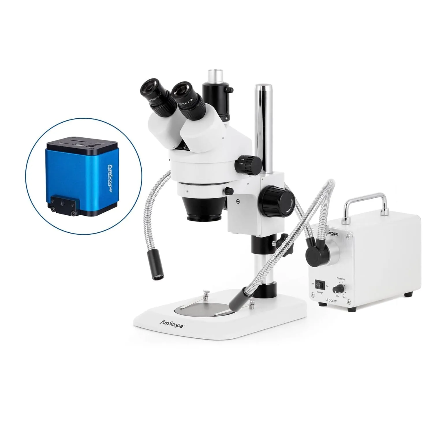 AmScope SM-1 Series Industrial Inspection Zoom Trinocular Stereo Microscope with 30W LED Dual Gooseneck Fiber Optic Lights and HDMI Camera on Pillar Stand with Small Base