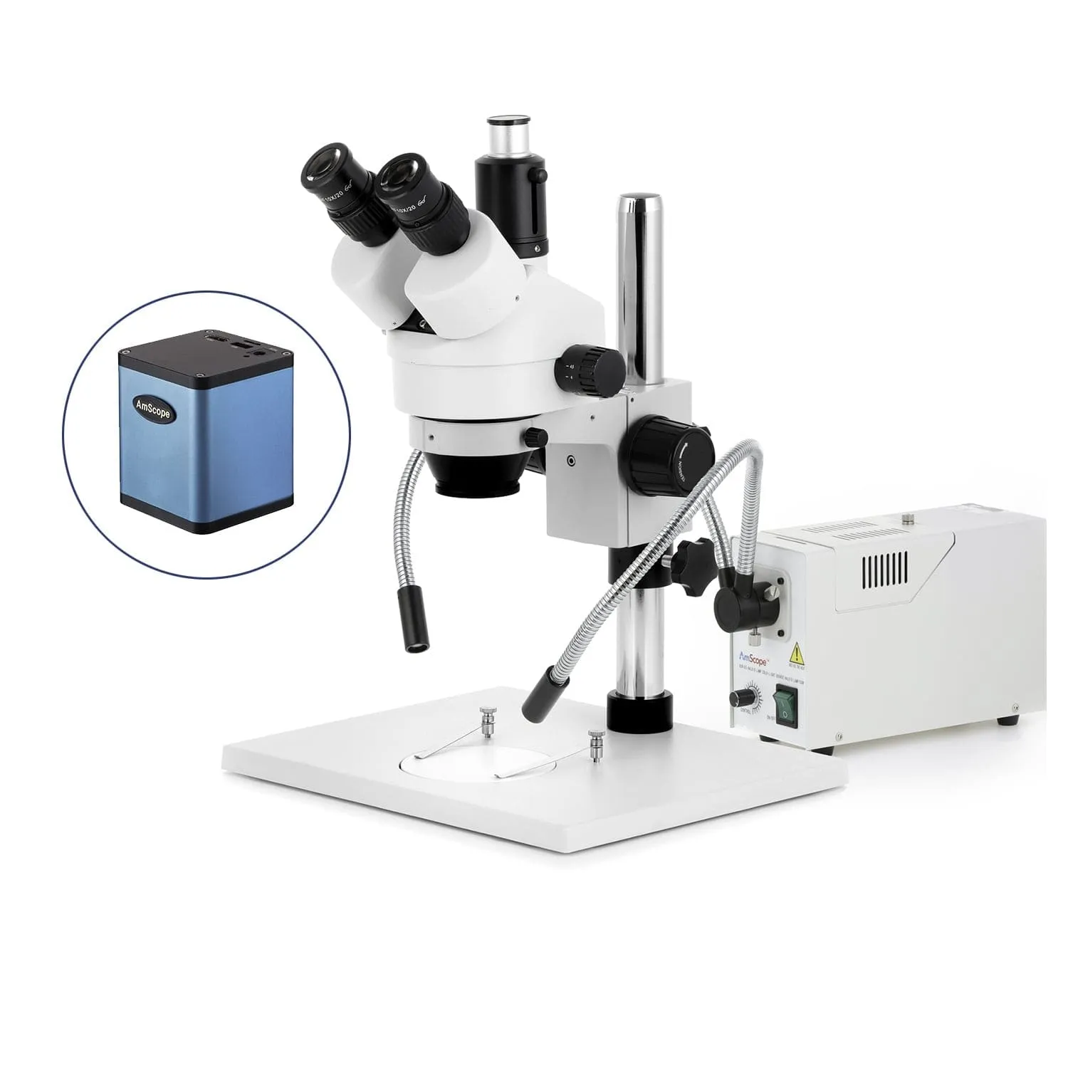 AmScope SM-1 Series Zoom Trinocular Stereo Microscope on Pillar Stand with Extra Large Base Plate w/150W Halogen Dual Fiber Gooseneck Lights and Auto Focus Camera