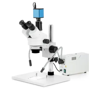 AmScope SM-1 Series Zoom Trinocular Stereo Microscope on Pillar Stand with Extra Large Base Plate w/150W Halogen Dual Fiber Gooseneck Lights and Auto Focus Camera