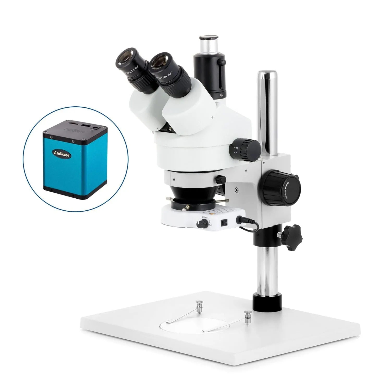 AmScope SM-1 Series Zoom Trinocular Stereo Microscope on Pillar Stand with Extra Large Base Plate w/150W Halogen Dual Fiber Gooseneck Lights and HD Recording Camera