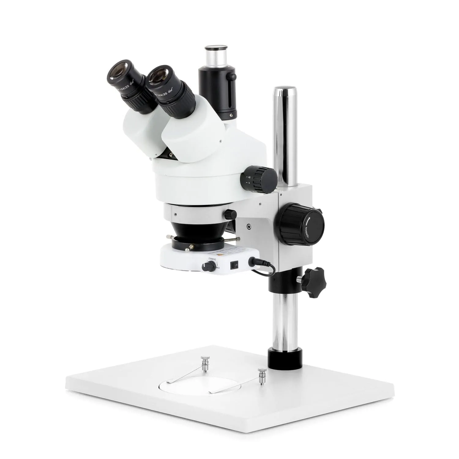 AmScope SM-1 Series Zoom Trinocular Stereo Microscope on Pillar Stand with Extra Large Base Plate w/150W Halogen Dual Fiber Gooseneck Lights and HD Recording Camera