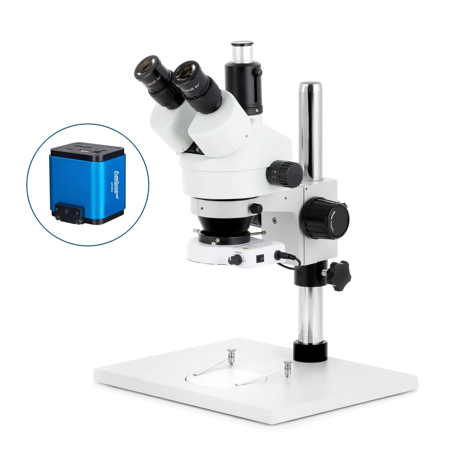 AmScope SM-1 Series Zoom Trinocular Stereo Microscope on Pillar Stand with Extra Large Base Plate w/150W Halogen Dual Fiber Gooseneck Lights and HD Recording Camera