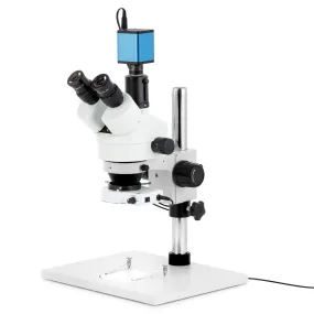 AmScope SM-1 Series Zoom Trinocular Stereo Microscope on Pillar Stand with Extra Large Base Plate w/150W Halogen Dual Fiber Gooseneck Lights and HD Recording Camera