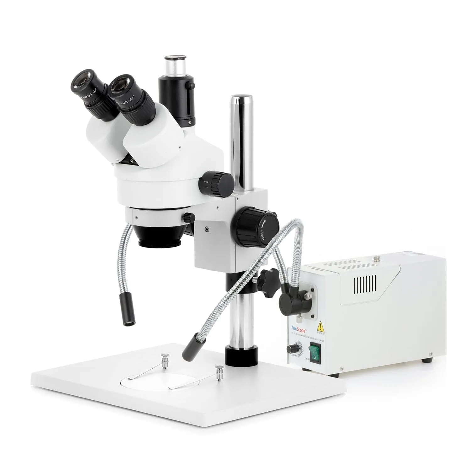 AmScope SM-1 Series Zoom Trinocular Stereo Microscope on Pillar Stand with Extra Large Base Plate w/150W Halogen Dual Fiber Gooseneck Lights and HDMI Camera