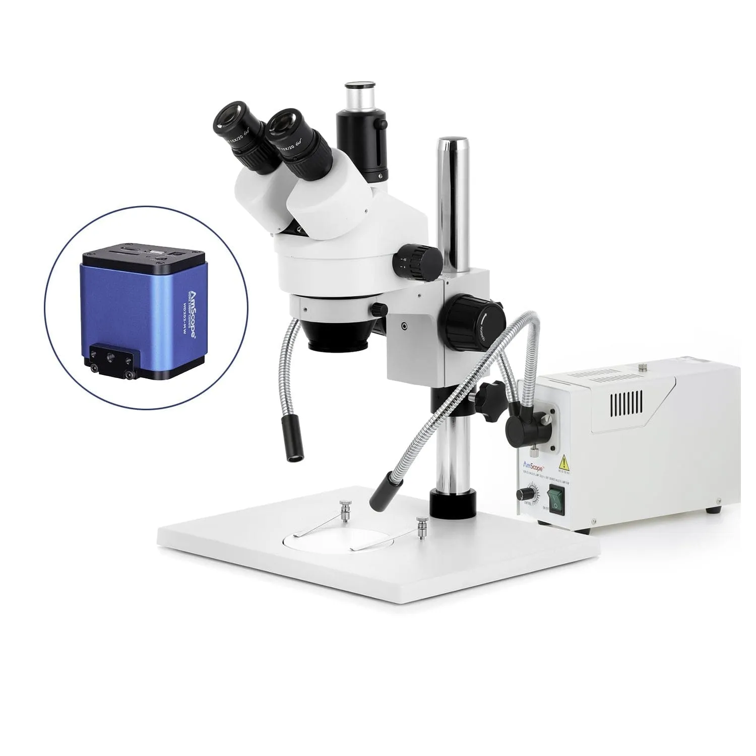 AmScope SM-1 Series Zoom Trinocular Stereo Microscope on Pillar Stand with Extra Large Base Plate w/150W Halogen Dual Fiber Gooseneck Lights and HDMI Camera
