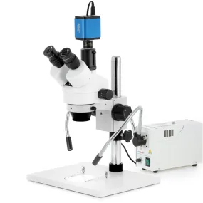 AmScope SM-1 Series Zoom Trinocular Stereo Microscope on Pillar Stand with Extra Large Base Plate w/150W Halogen Dual Fiber Gooseneck Lights and HDMI Camera