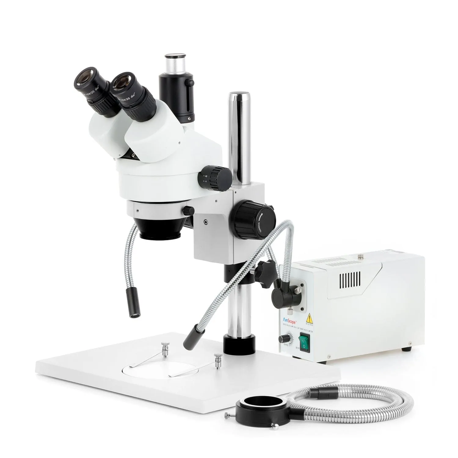 AmScope SM-1 Series Zoom Trinocular Stereo Microscope on Pillar Stand with Extra Large Base Plate w/150W Halogen Dual Gooseneck & Ring Lights and Auto Focus Camera