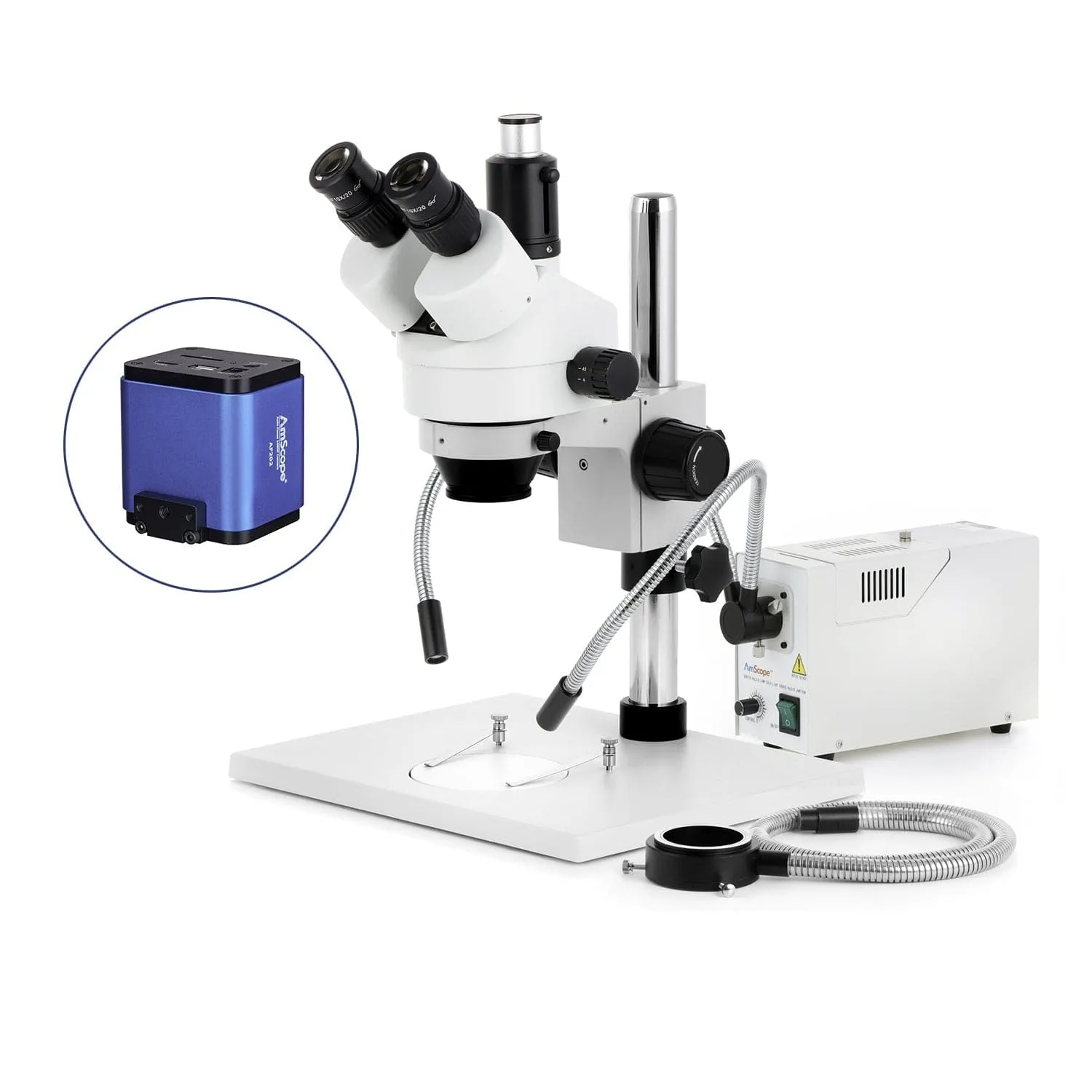 AmScope SM-1 Series Zoom Trinocular Stereo Microscope on Pillar Stand with Extra Large Base Plate w/150W Halogen Dual Gooseneck & Ring Lights and Auto Focus Camera