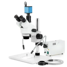 AmScope SM-1 Series Zoom Trinocular Stereo Microscope on Pillar Stand with Extra Large Base Plate w/150W Halogen Dual Gooseneck & Ring Lights and Auto Focus Camera
