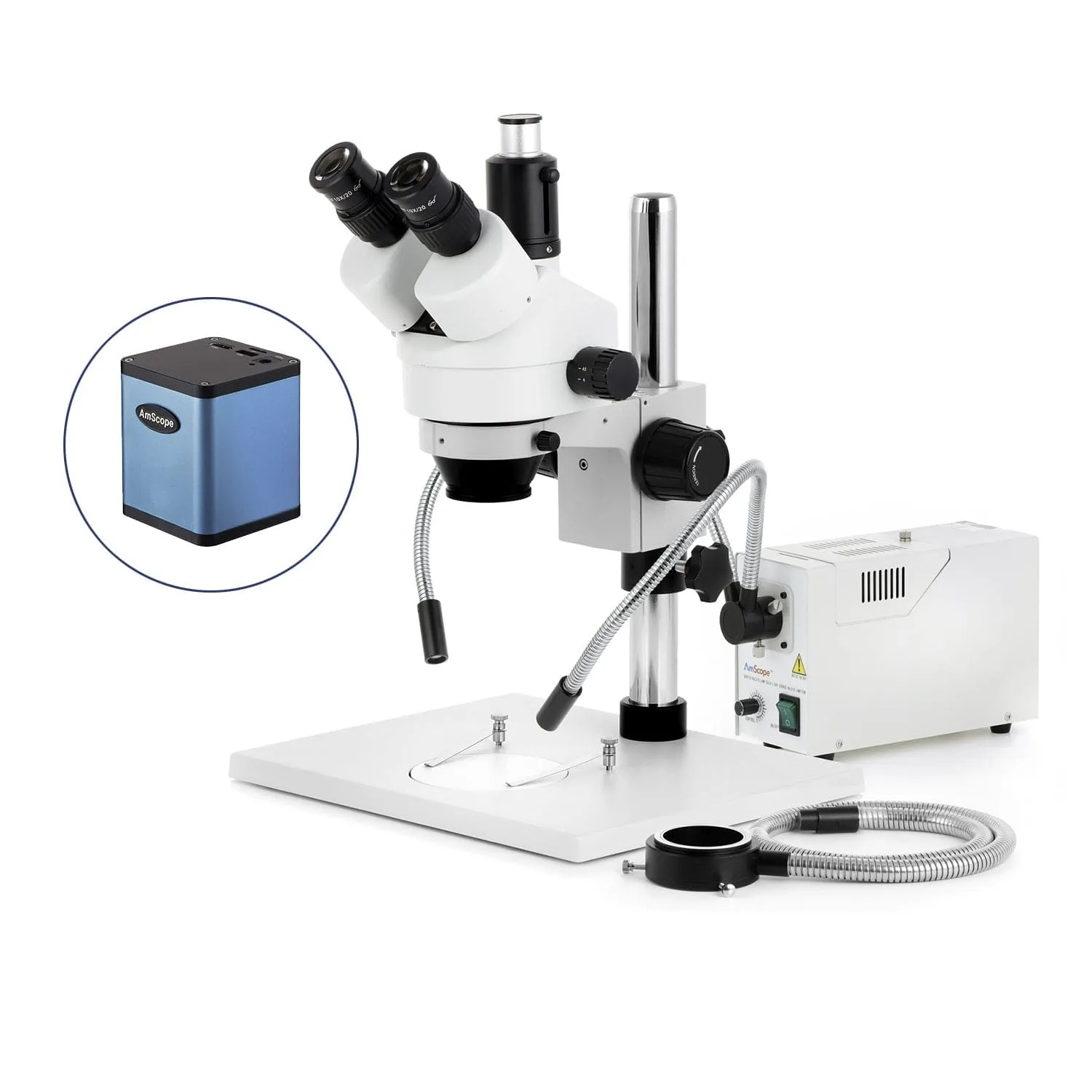 AmScope SM-1 Series Zoom Trinocular Stereo Microscope on Pillar Stand with Extra Large Base Plate w/150W Halogen Dual Gooseneck & Ring Lights and Auto Focus Camera