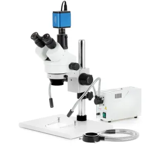 AmScope SM-1 Series Zoom Trinocular Stereo Microscope on Pillar Stand with Extra Large Base Plate w/150W Halogen Dual Gooseneck & Ring Lights and HDMI Camera