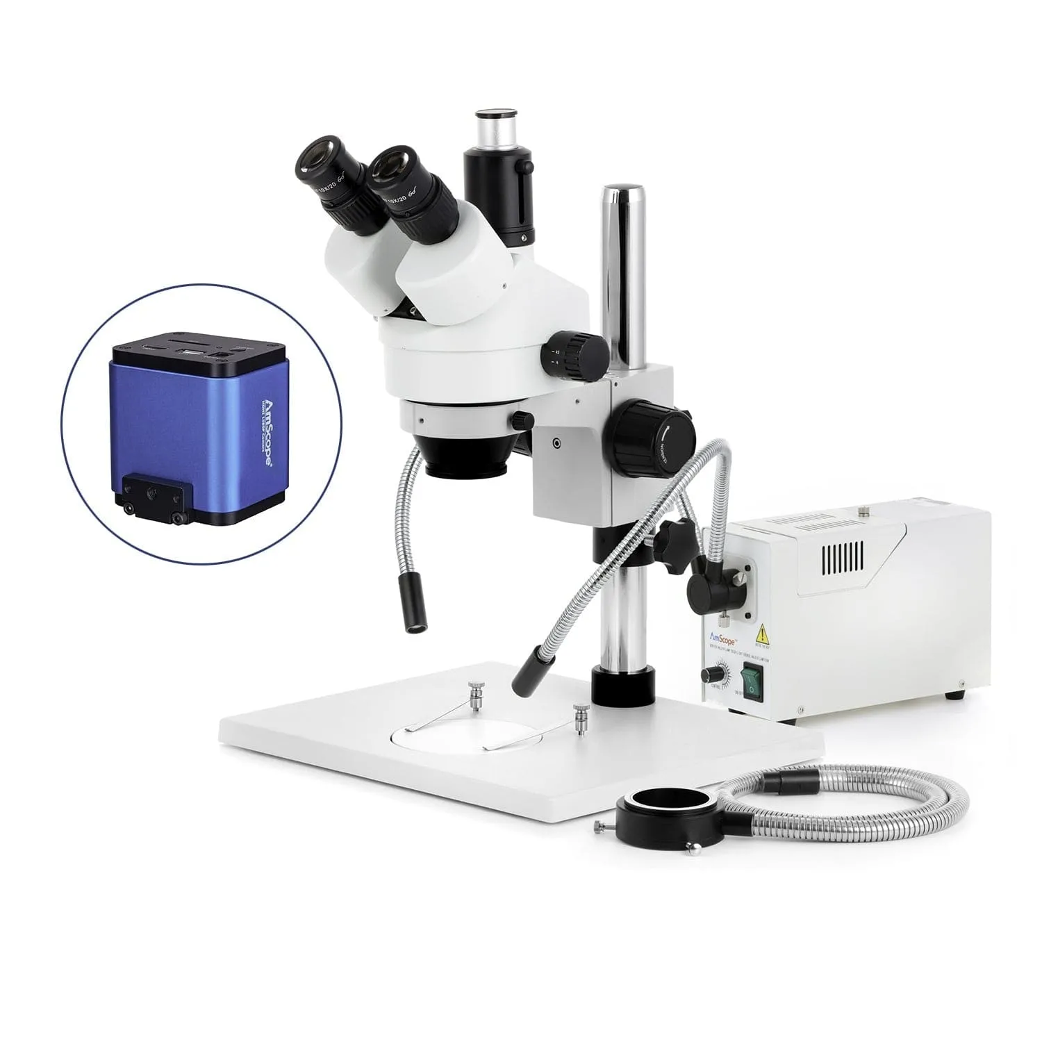 AmScope SM-1 Series Zoom Trinocular Stereo Microscope on Pillar Stand with Extra Large Base Plate w/150W Halogen Dual Gooseneck & Ring Lights and HDMI Camera